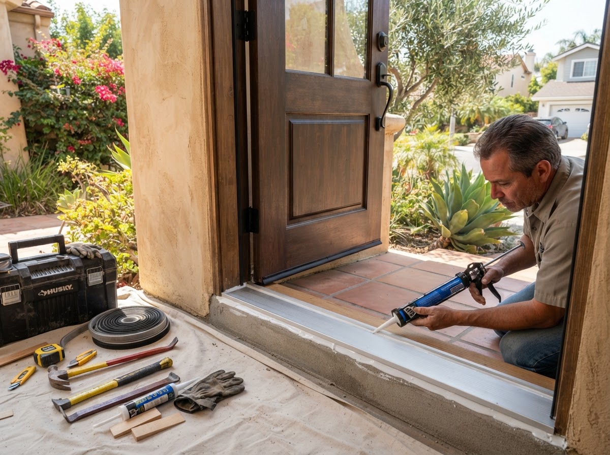 Threshold and weatherstripping replacement on an exterior door with sill and sealant detail