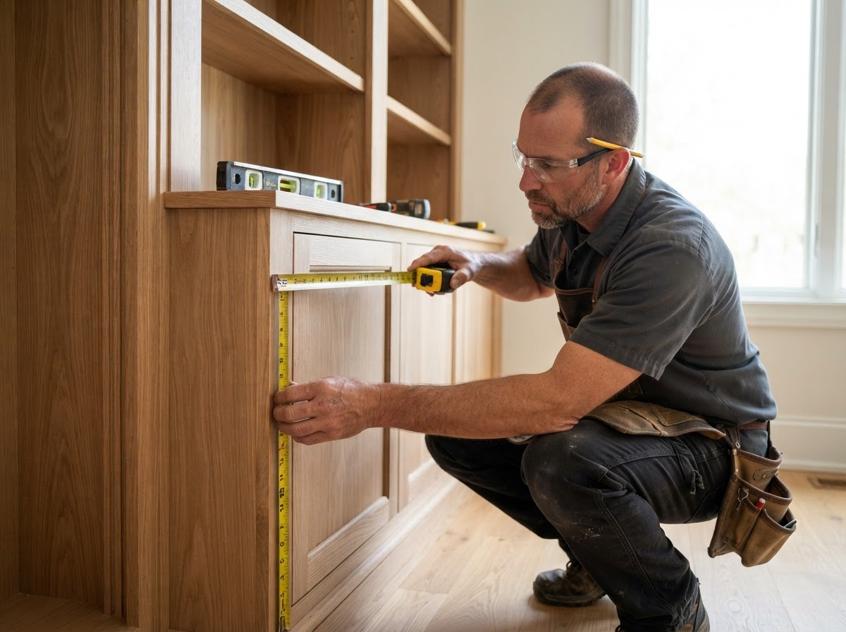 Carpenter measuring custom millwork during a final quality check