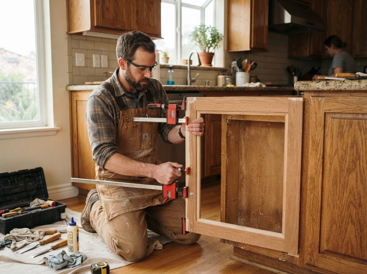 Carpenter repairing a cabinet drawer slide with a new full-extension drawer slide