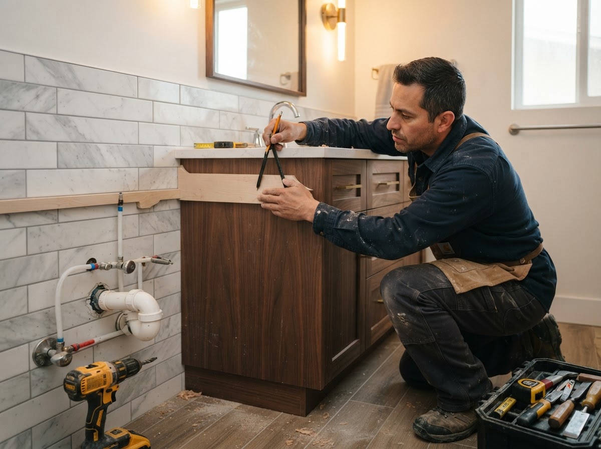 Double-sink vanity cabinet installation in a residential bathroom with two sink bases and drawers
