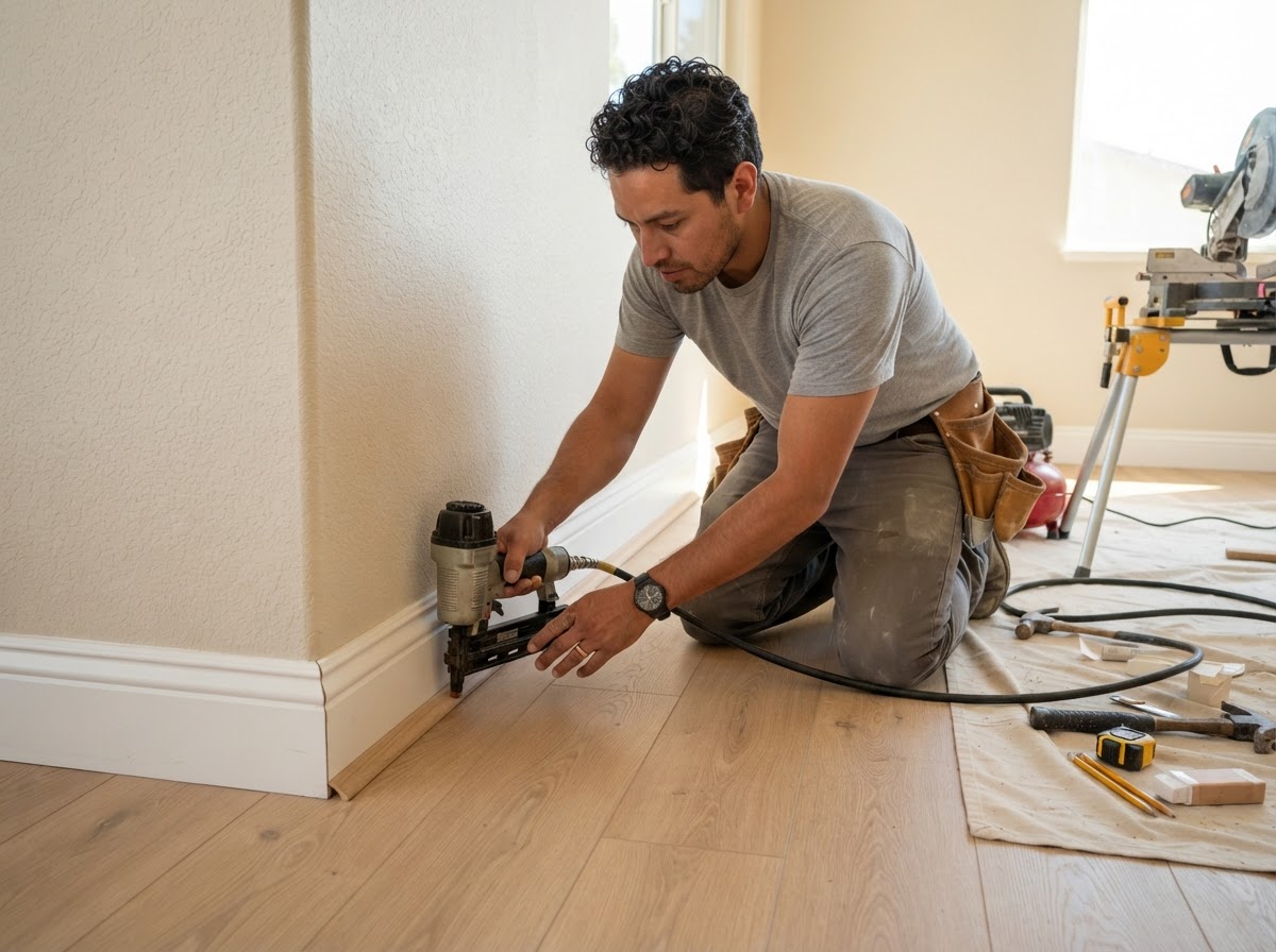 Baseboard installation in an El Monte home with carpenter fitting MDF baseboard along a flooring edge with shoe molding