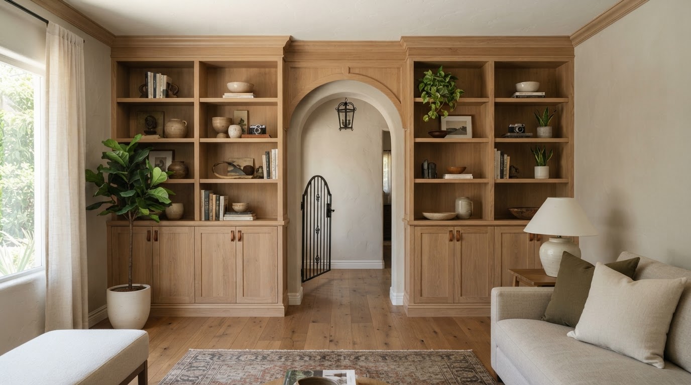 Trim and door casing coordinating with established interior details in a San Gabriel home