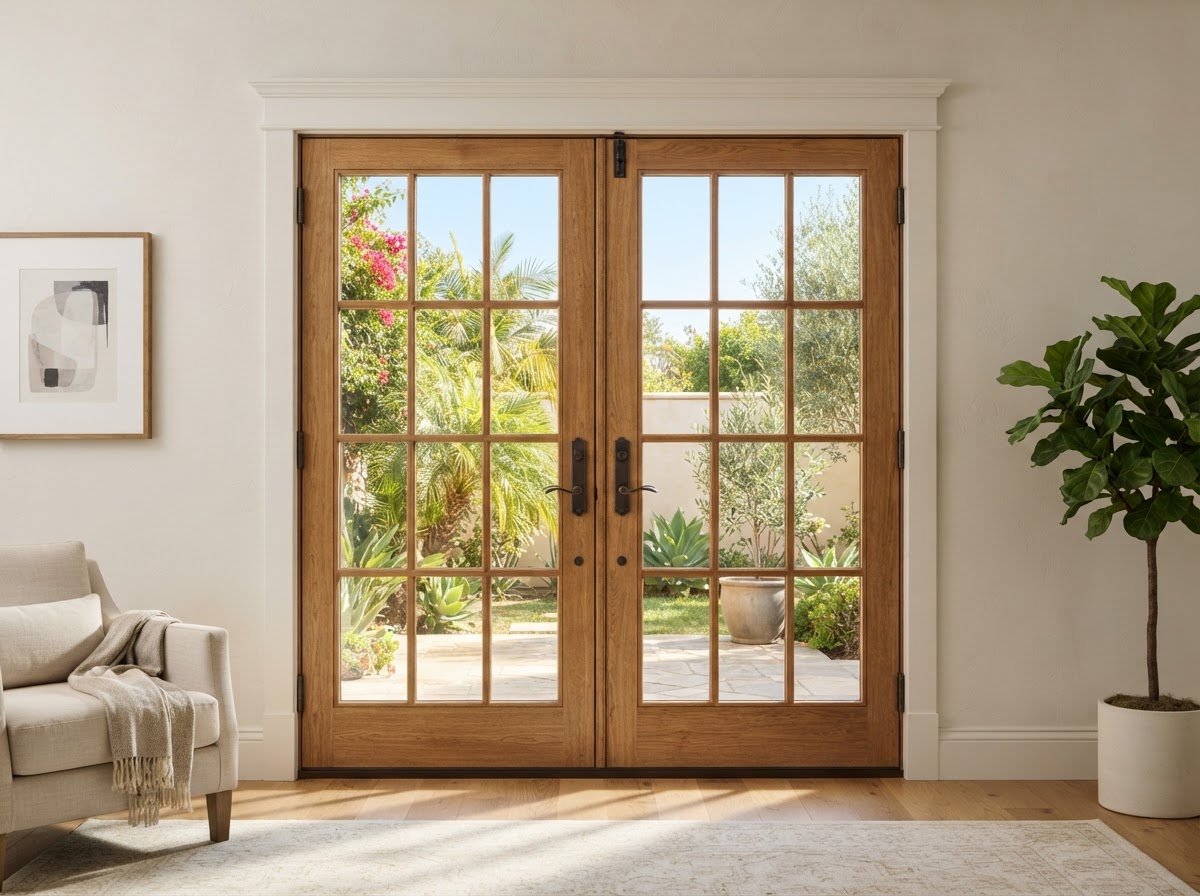 French patio doors with hinges, strike plates, casing, and weatherstripping