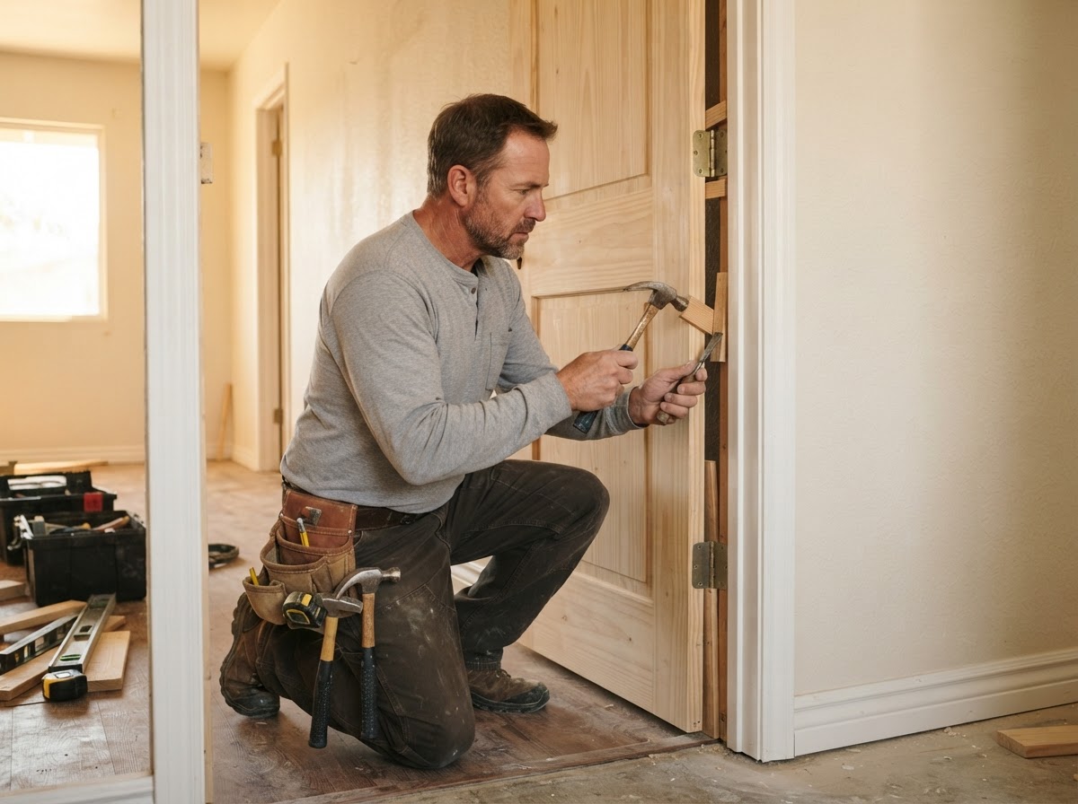Carpenter fitting a prehung interior door into a jamb in an El Monte home with shims and casing visible