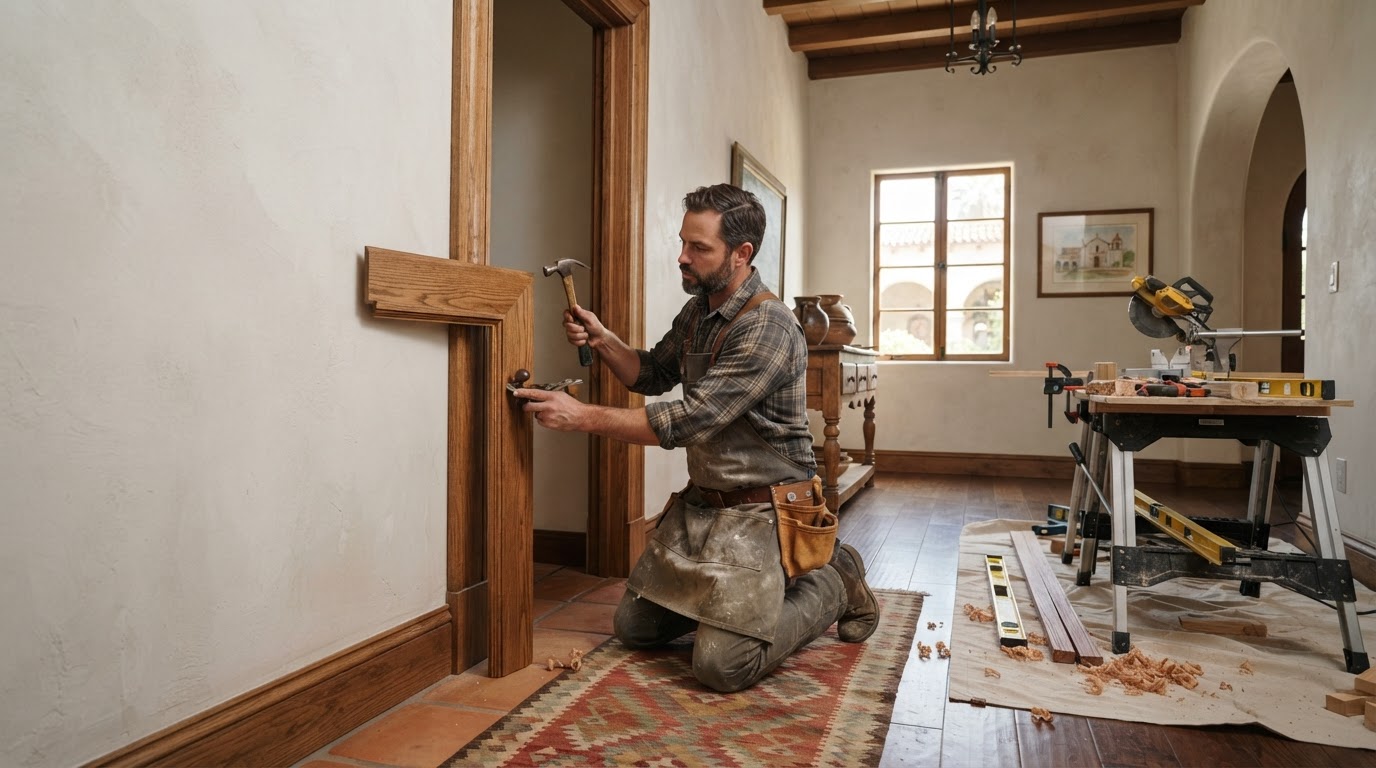 Custom built-ins designed around existing walls and openings in a San Gabriel home