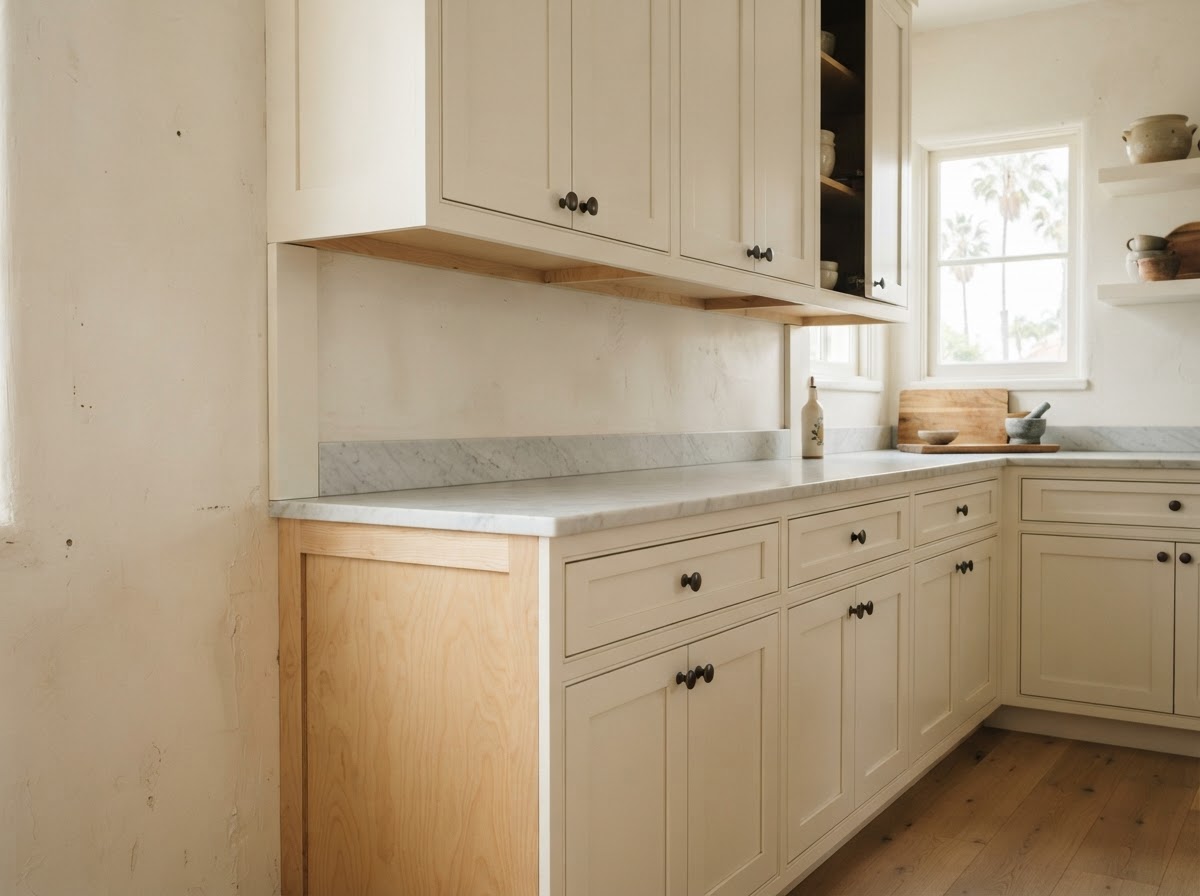 Custom kitchen cabinets fitted to an existing wall in a Rosemead home