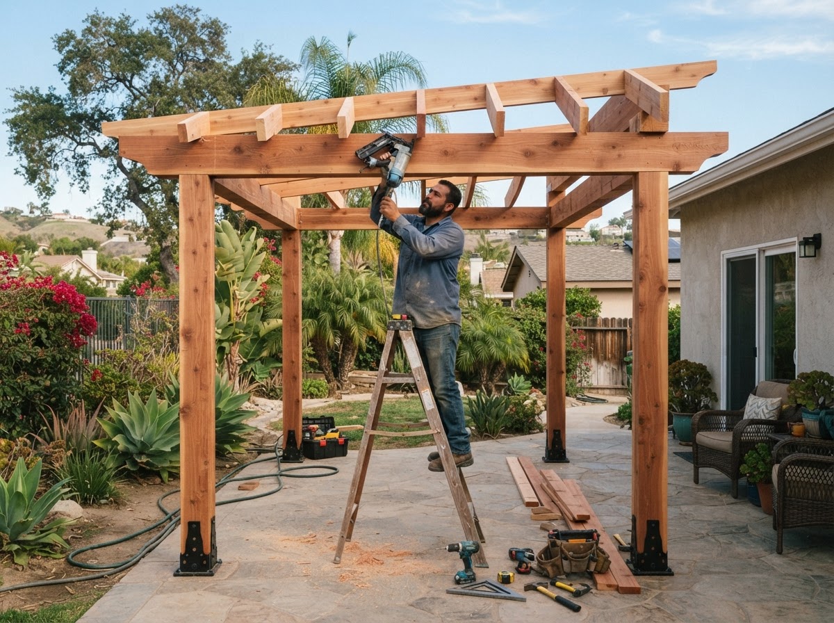 Pergola and backyard shade structure carpentry in a West Covina yard