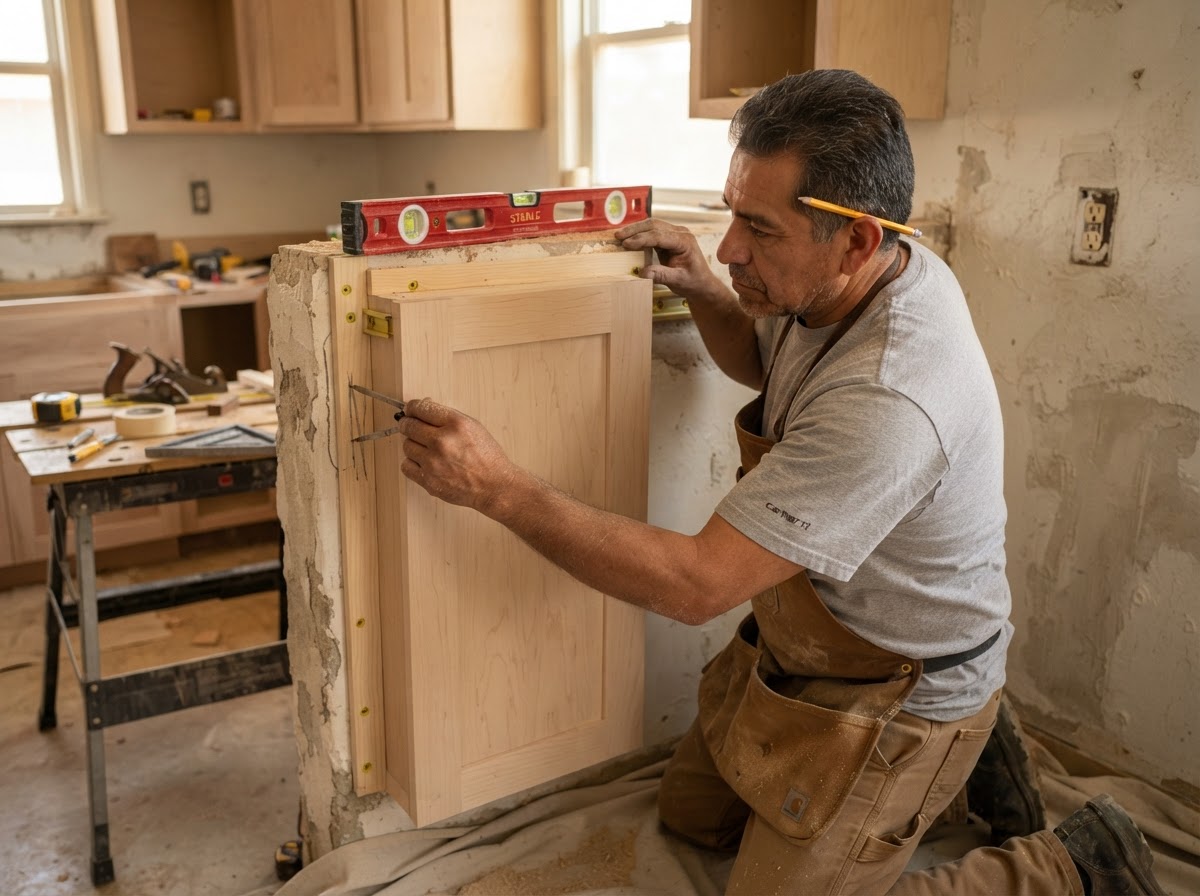 Carpenter scribing and leveling custom cabinetry against an uneven existing wall