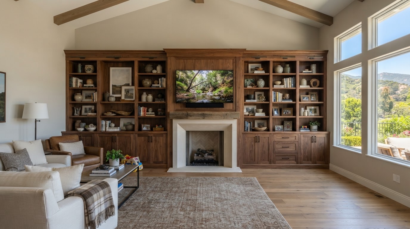 Large custom built-in cabinetry wall fitted to an Arcadia family room