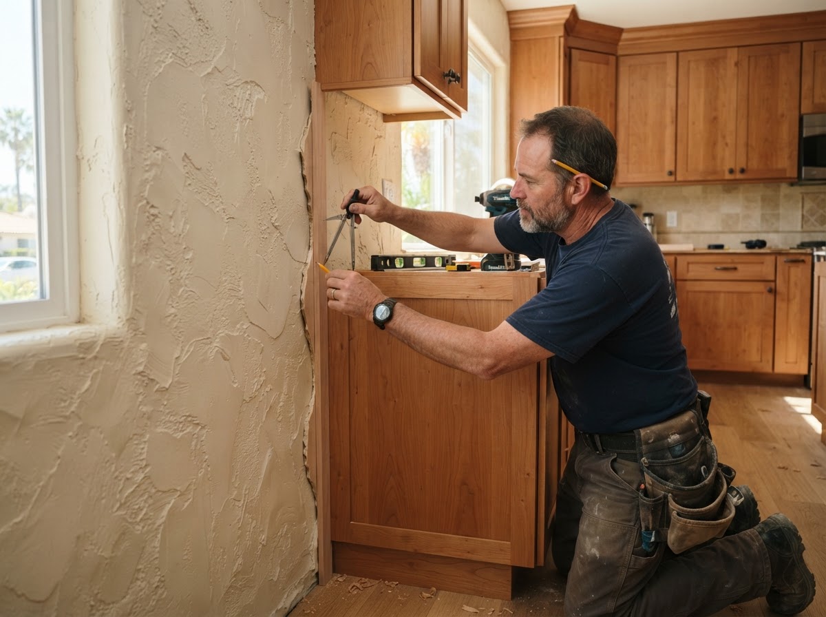 Cabinet boxes being leveled on an uneven floor with shims and a level during installation