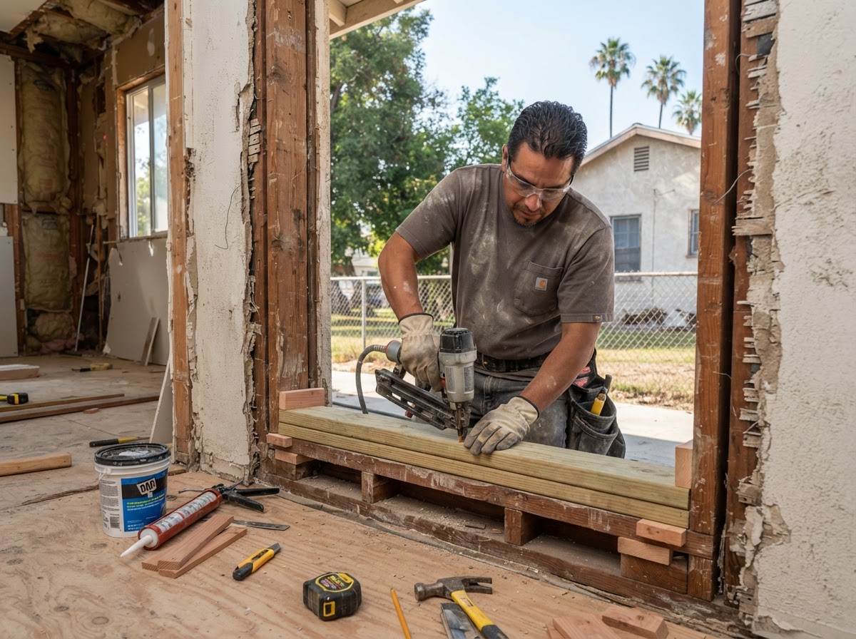 Wood-frame opening repair associated with window replacement with shims and sealant nearby