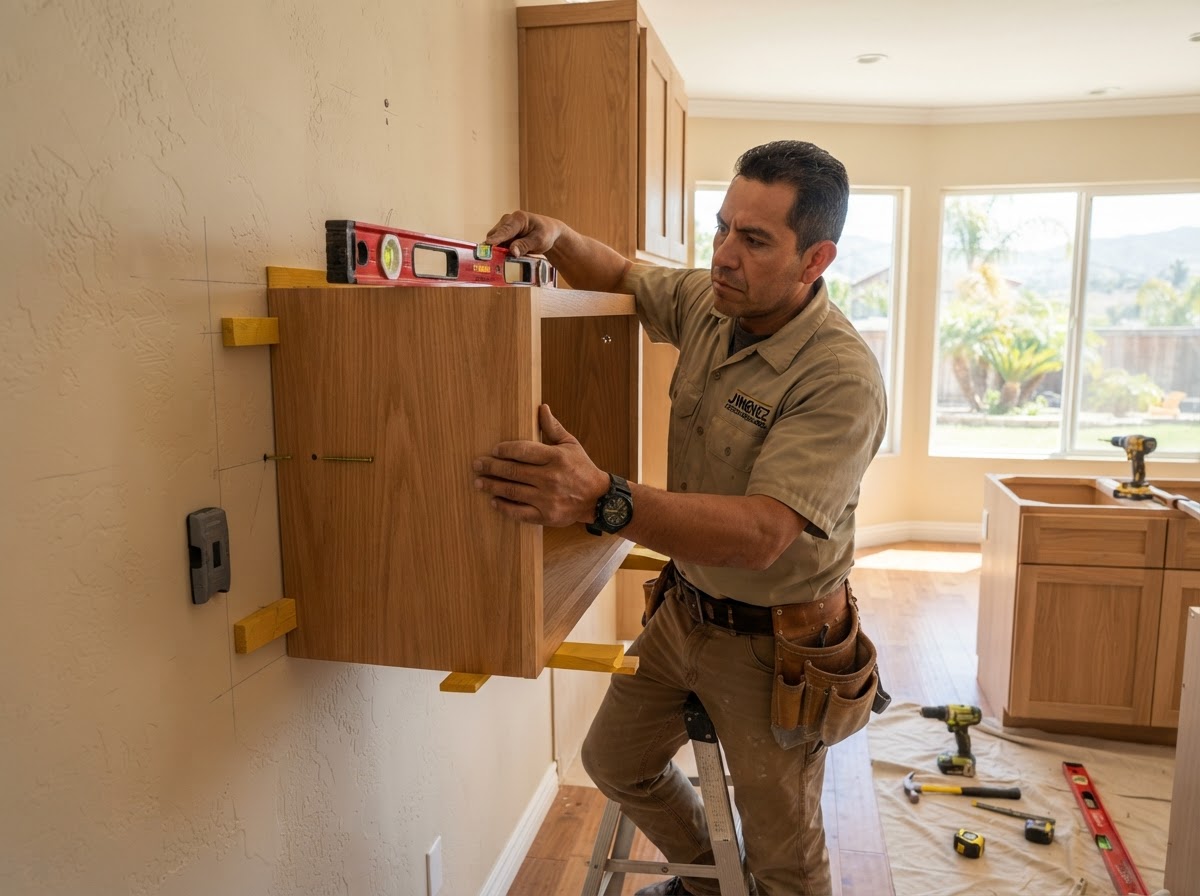 Cabinet installation in an El Monte home with carpenter setting cabinet boxes level and plumb against a wall