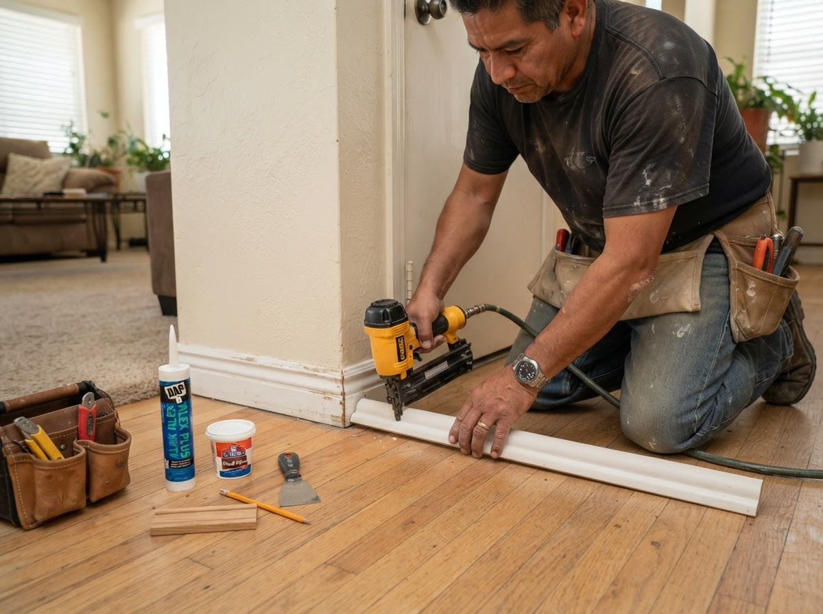Shoe molding and finish detail on baseboards with carpenter nailing shoe molding at the flooring edge