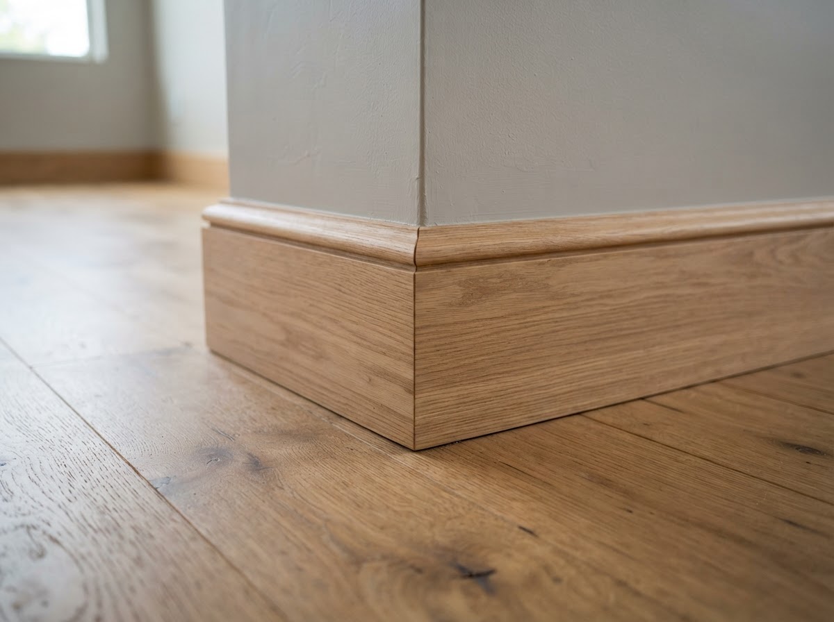 Baseboards with shoe molding, cope joints, and scribing to an uneven floor
