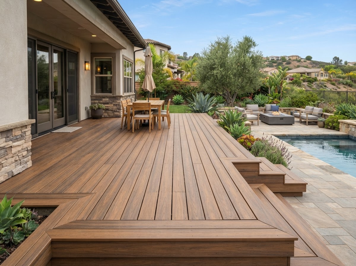 Composite deck boards laid with hidden fasteners and clean perimeter edges