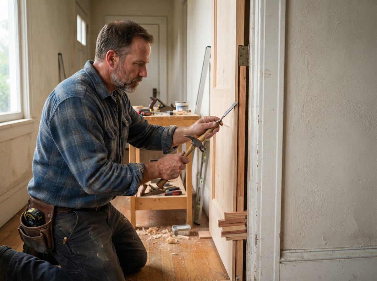 Carpenter fitting an interior door in an existing opening in a Rosemead home
