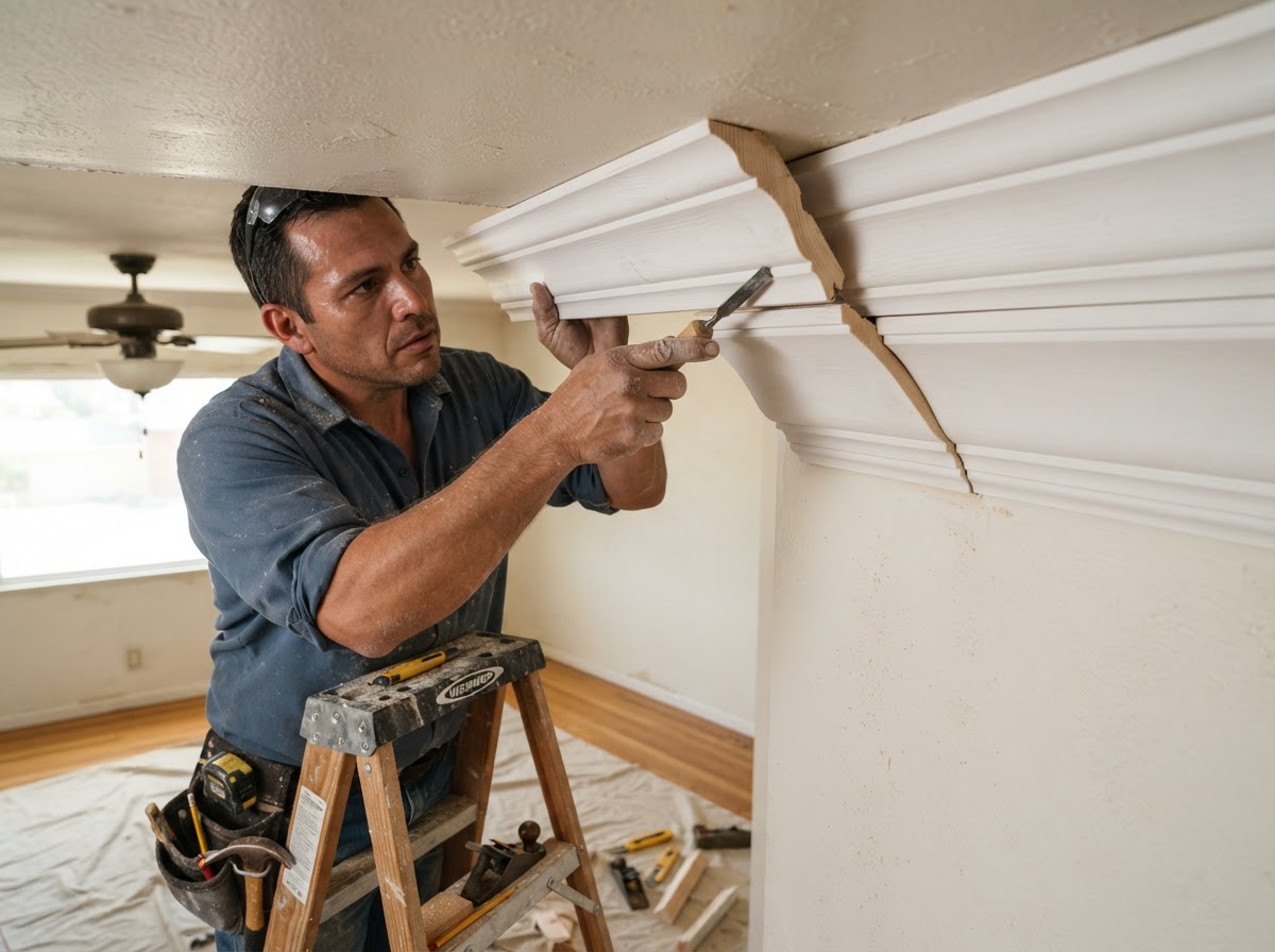 Crown molding replacement with carpenter fitting a new profile at the ceiling line