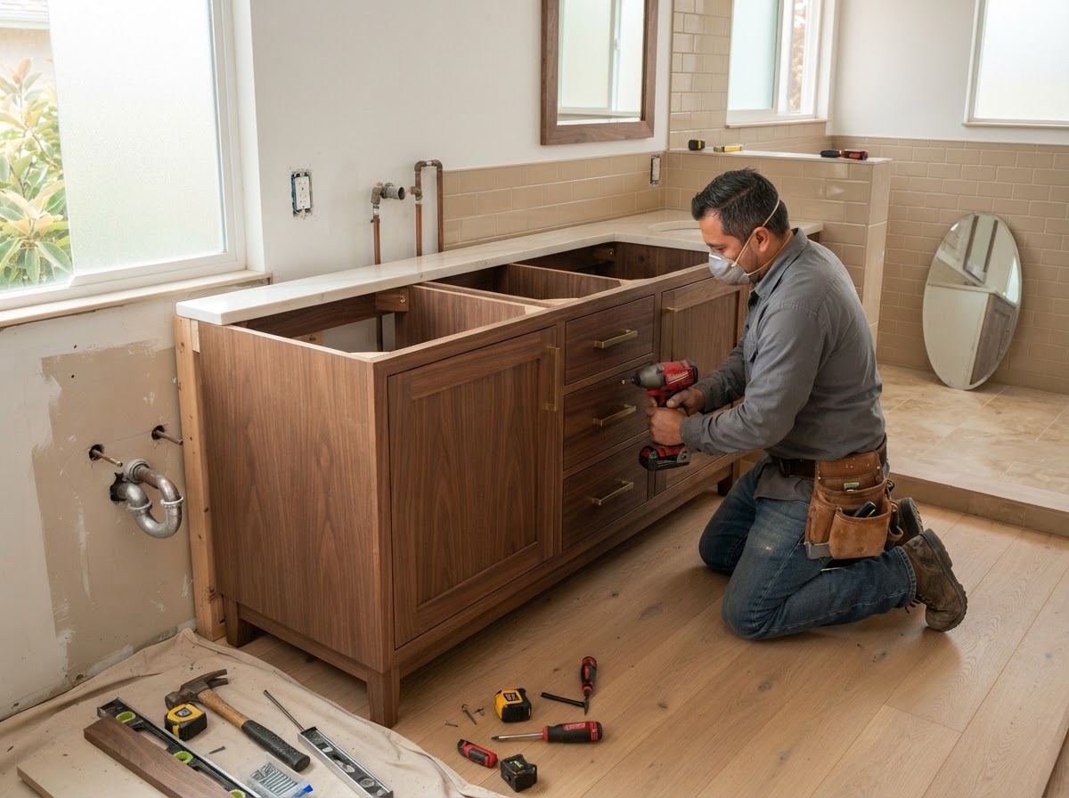 Custom bathroom vanity installation in an El Monte home with carpenter fitting a wall-to-wall vanity cabinet against the bathroom wall