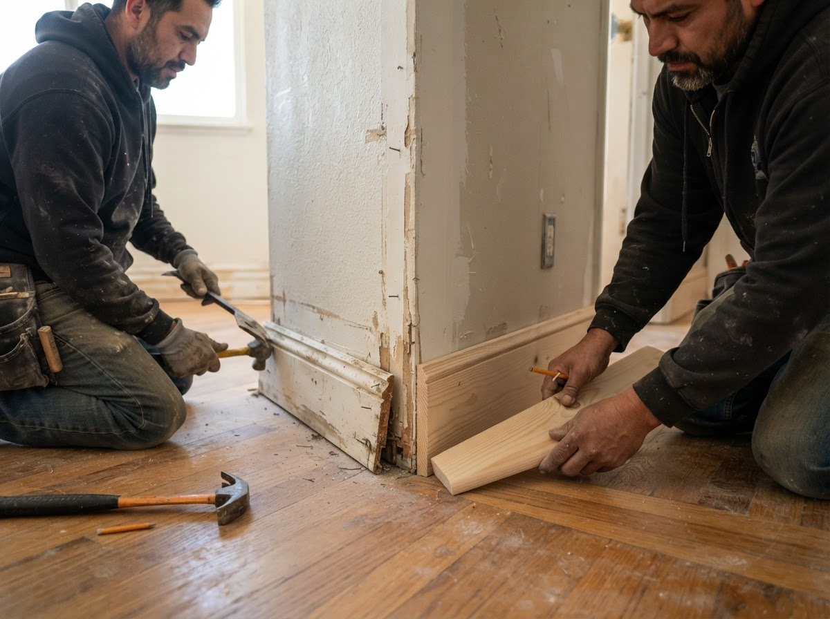 Baseboard replacement with carpenter fitting new finger-jointed pine baseboard with inside corner and quarter round visible