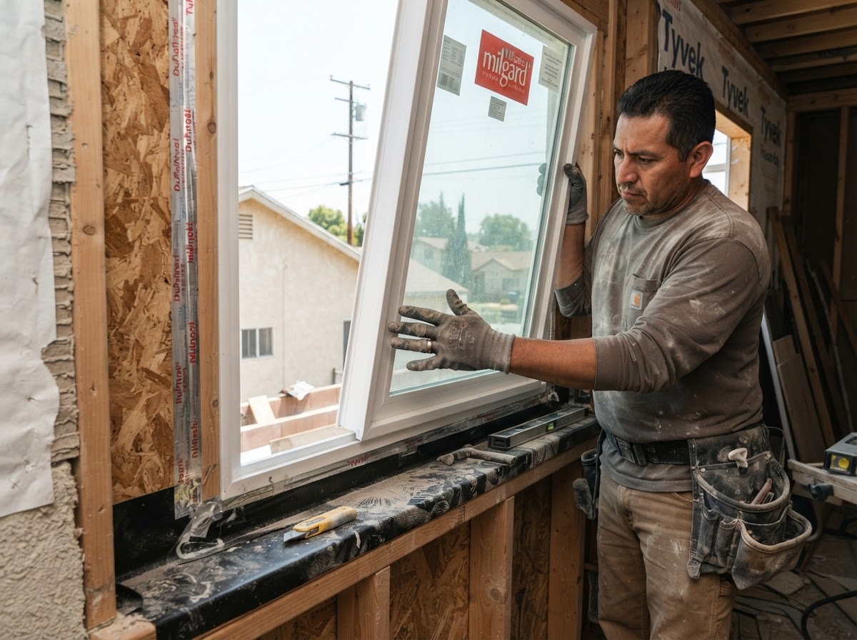 Full-frame window replacement with carpenter fitting a new window frame into a rough opening with sill pan and flashing visible