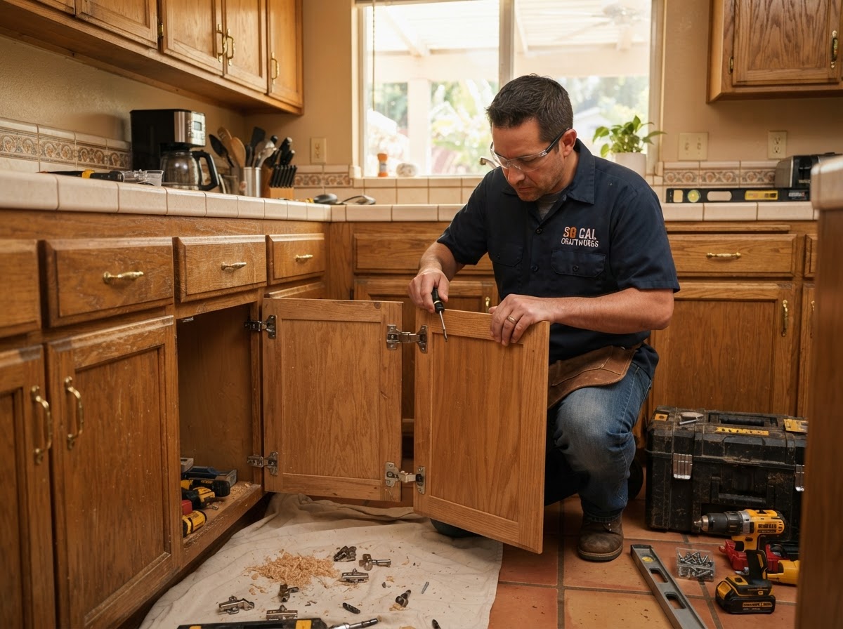 Cabinet door and drawer reveal adjustment with carpenter aligning cabinet doors for even gaps