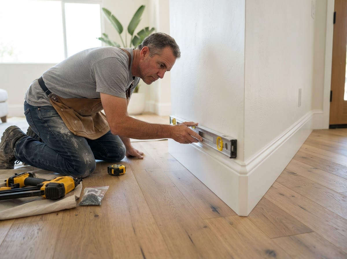 Baseboards installed after flooring replacement meeting new flooring with shoe molding
