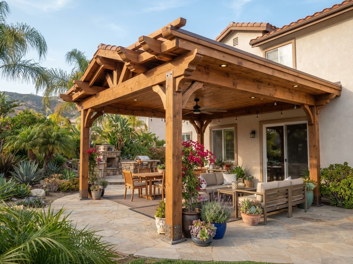 Custom wood pergola and patio cover carpentry near El Monte