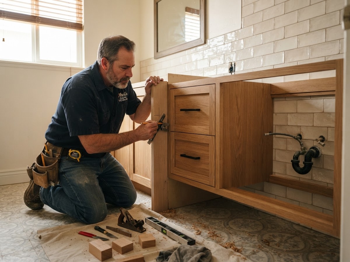 Carpenter repairing a cabinet face frame and cabinet box joinery on existing cabinetry