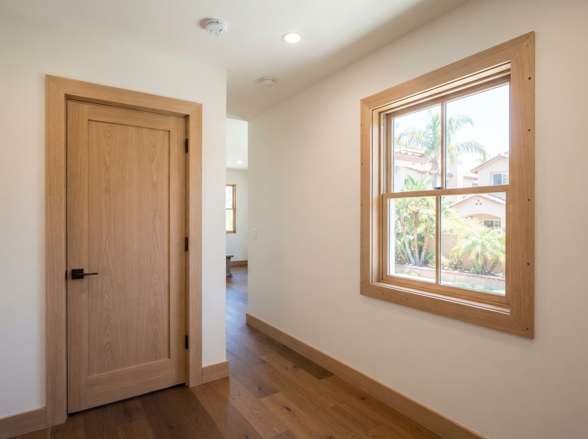 Door and window casing with miter joints, reveal, and finish nails