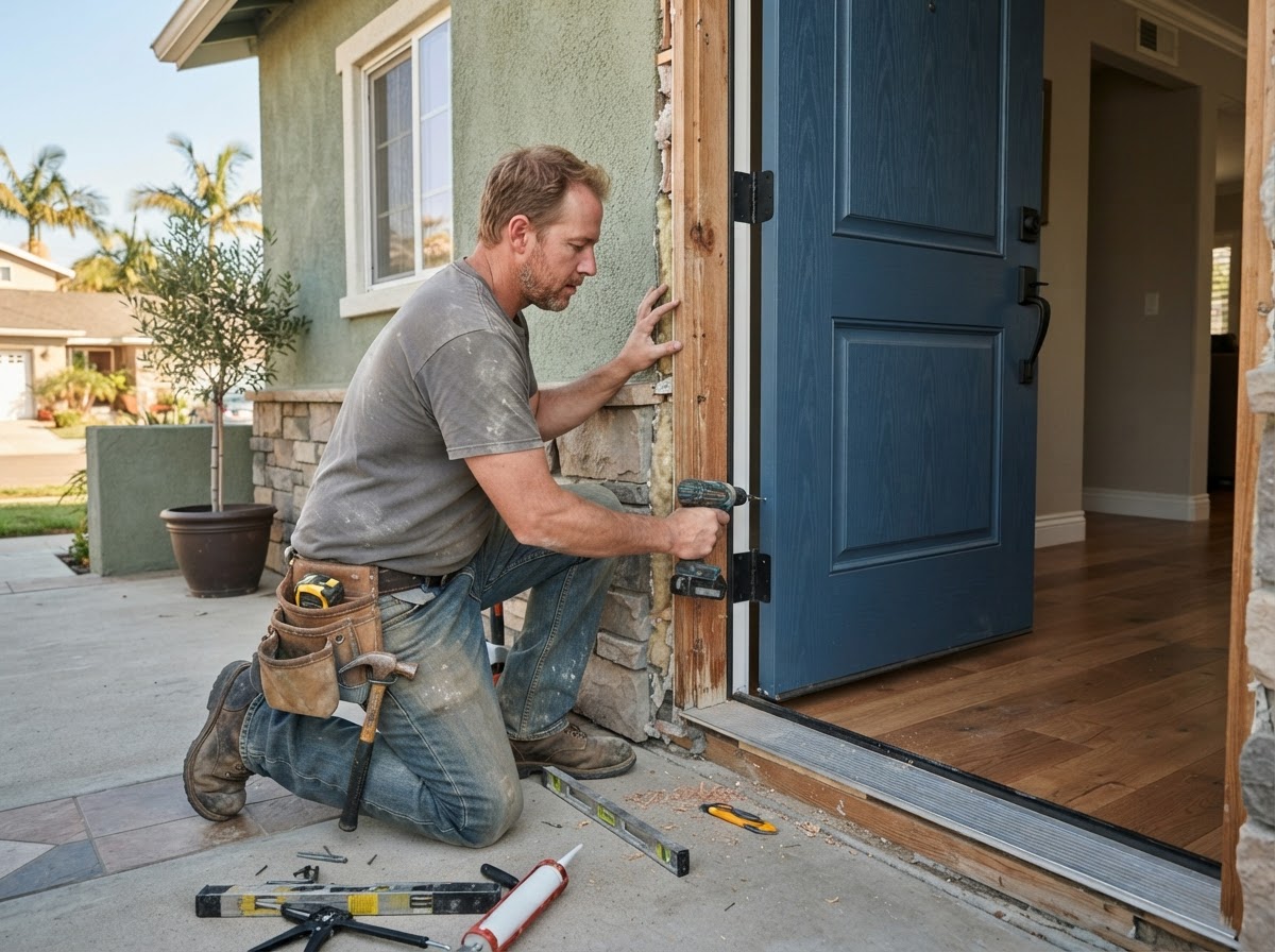 Carpenter installing a prehung exterior entry door in an El Monte home with threshold and weatherstripping visible