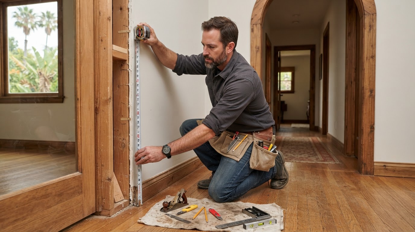 Carpenter coordinating trim and casing in an established San Gabriel home near the Mission area