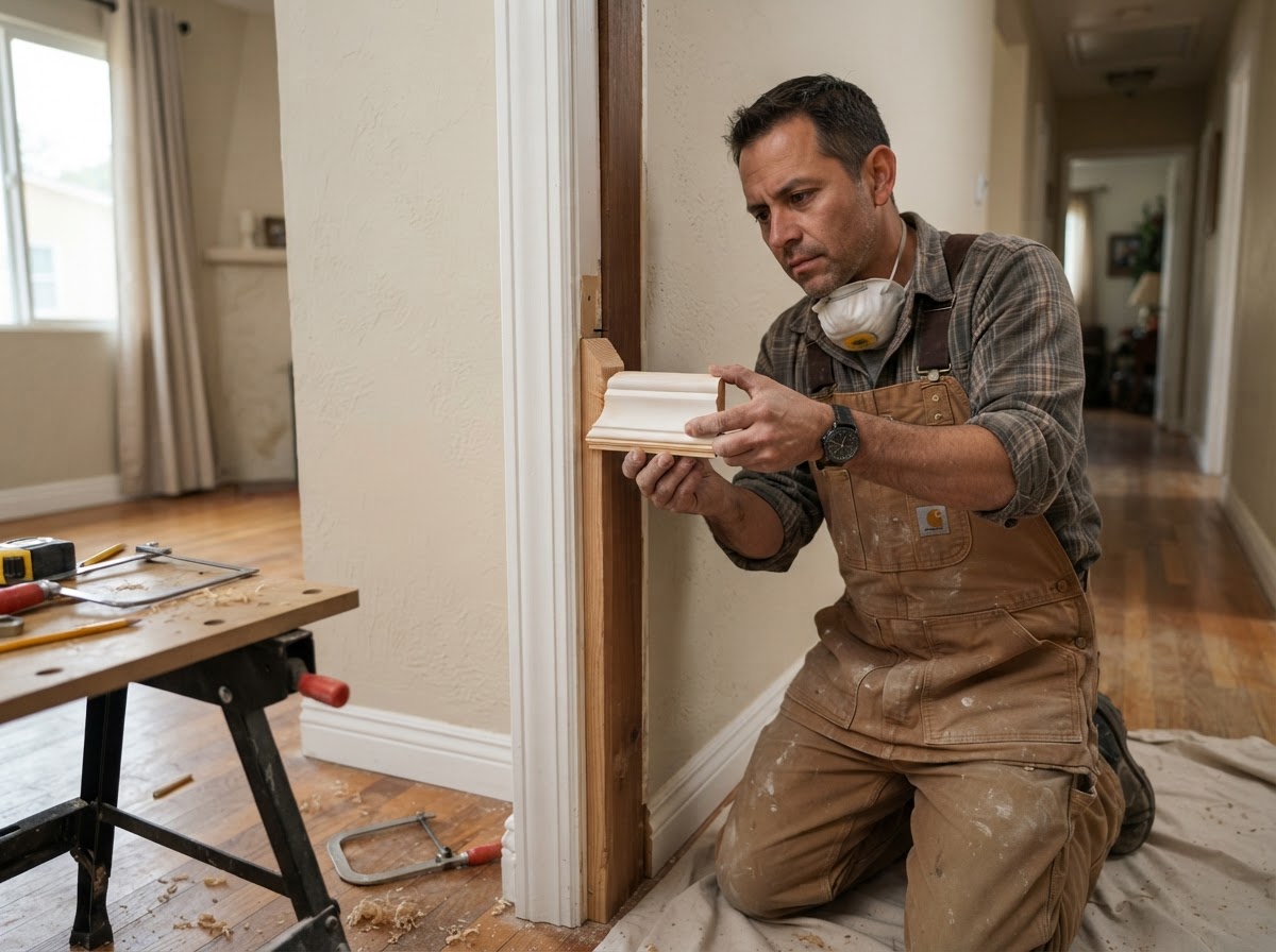 Carpenter matching an existing door casing profile with a sample piece and jamb extension