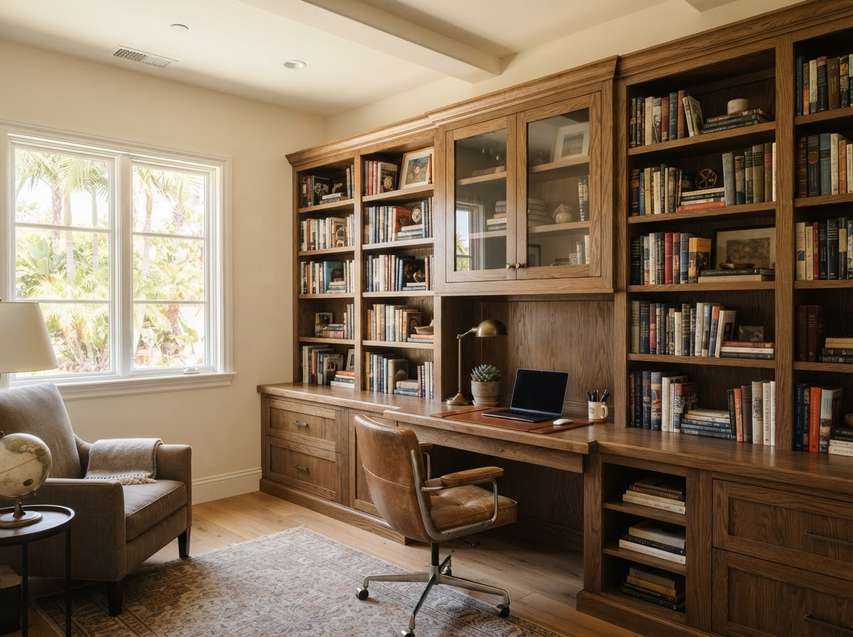 Home office and library cabinetry built for an Arcadia property