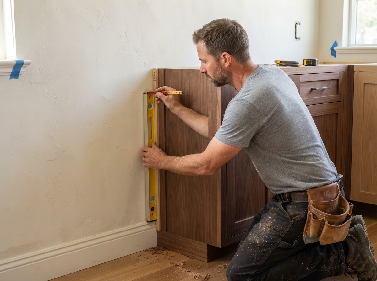 Carpenter scribing and leveling custom cabinetry against an existing wall