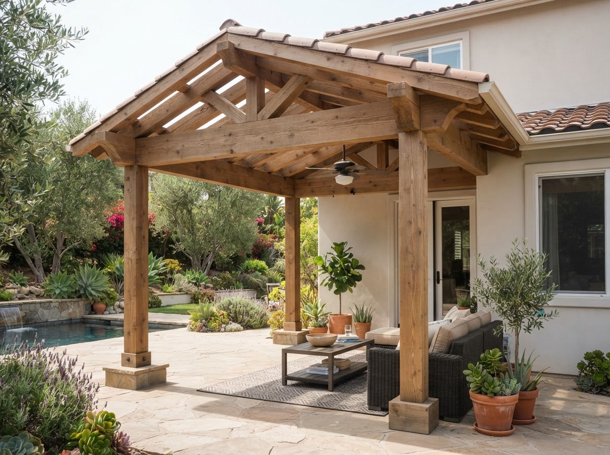 Patio cover attached to a Southern California home with beams, rafters, and flashing