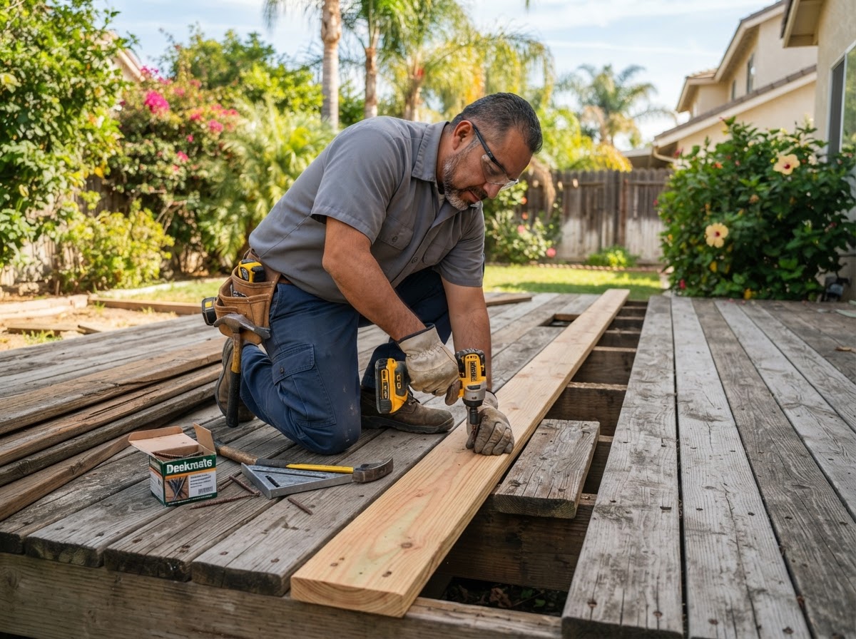 Carpenter repairing worn deck boards and components in a West Covina yard