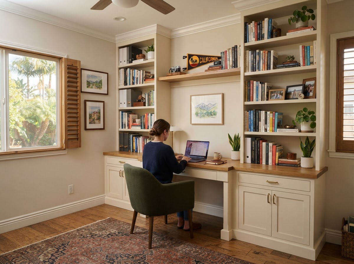 Custom home office shelving system built for a West Covina property