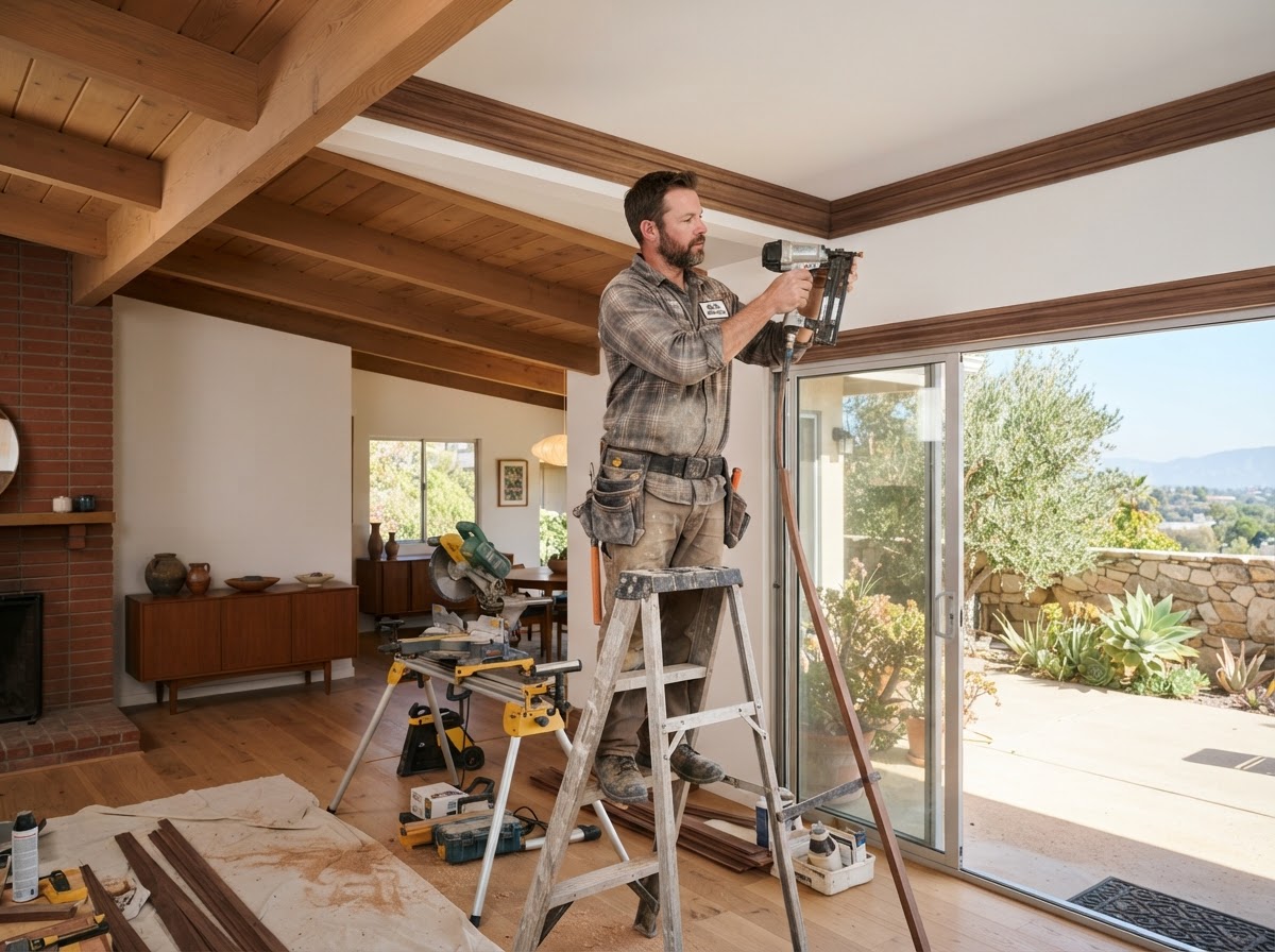 Carpenter completing custom finish work in a Temple City home