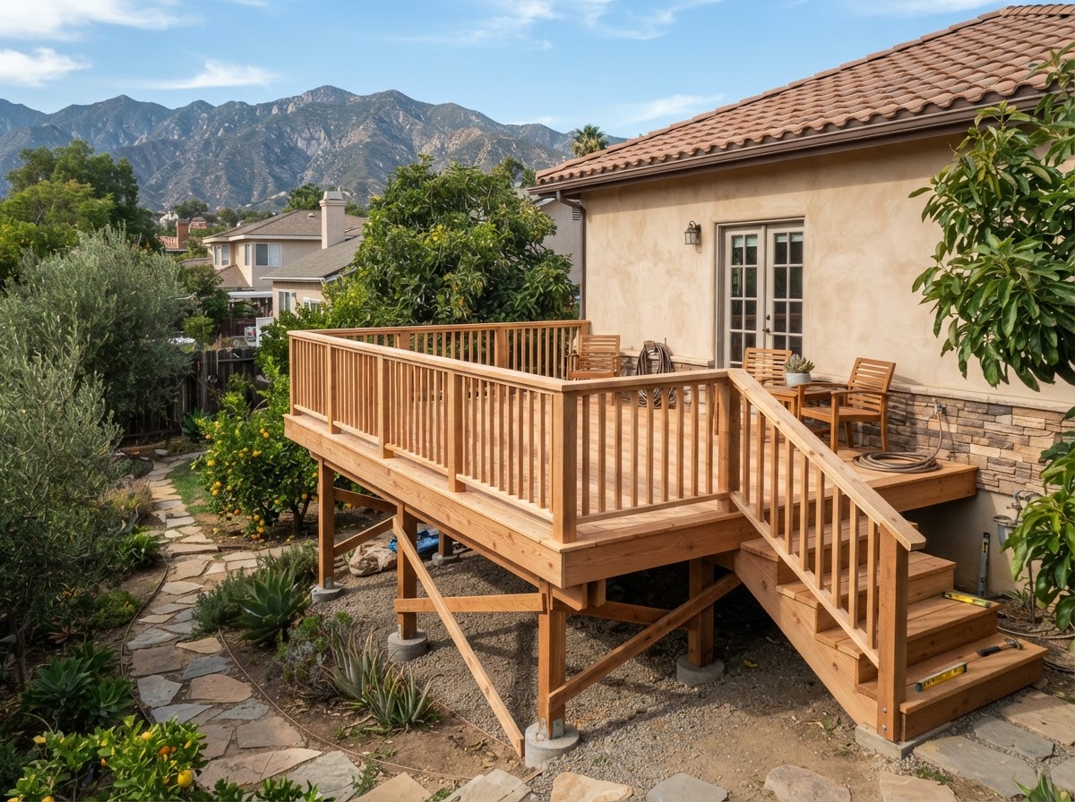 Residential deck and patio carpentry in a realistic San Gabriel Valley yard