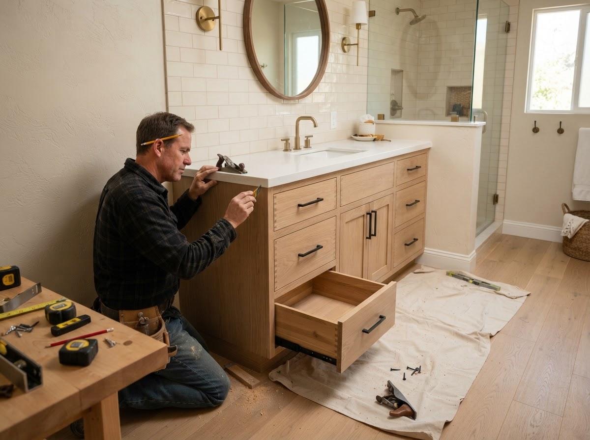 Custom bathroom vanity and fitted storage installed in a San Gabriel home