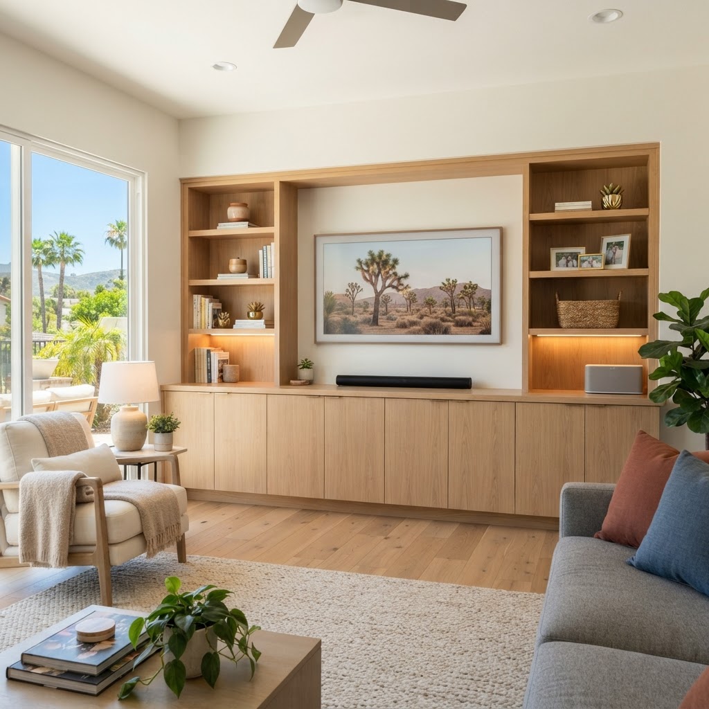 Custom built-in entertainment center with lower cabinets and open shelving