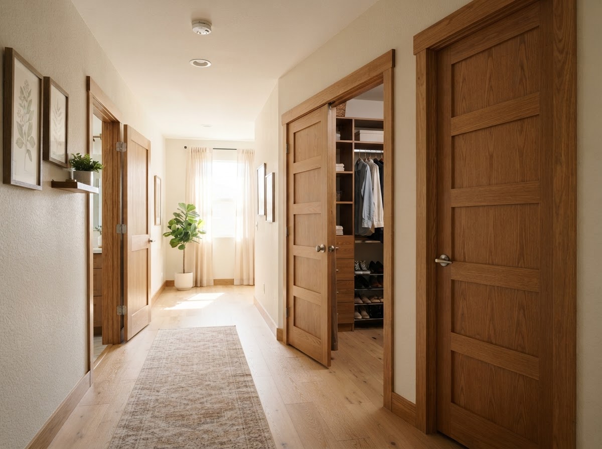 Closet and specialty interior doors installed with matching casing in a hallway