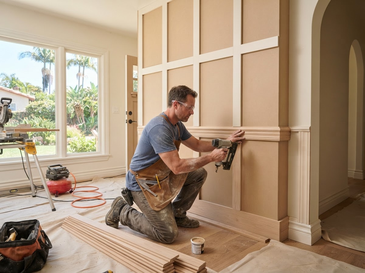 Shaker-style wall paneling installation with rails and stiles and panel molding at corners