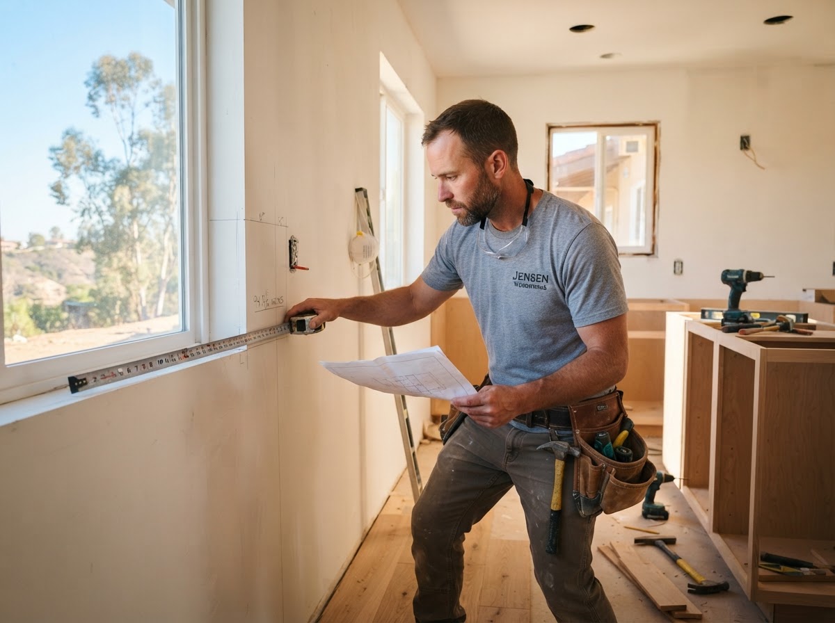Carpenter measuring a wall space before installing cabinetry in a Irwindale area home