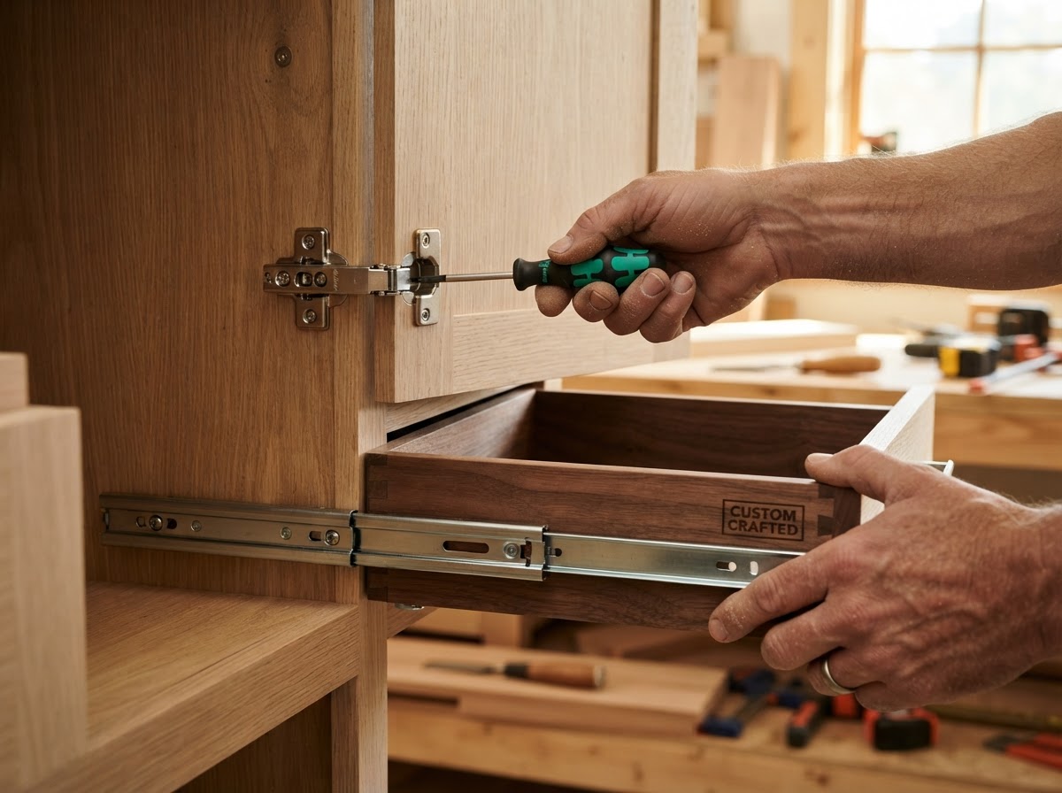 Soft-close cabinet hinges and full-extension drawer slides on a hardwood cabinet box