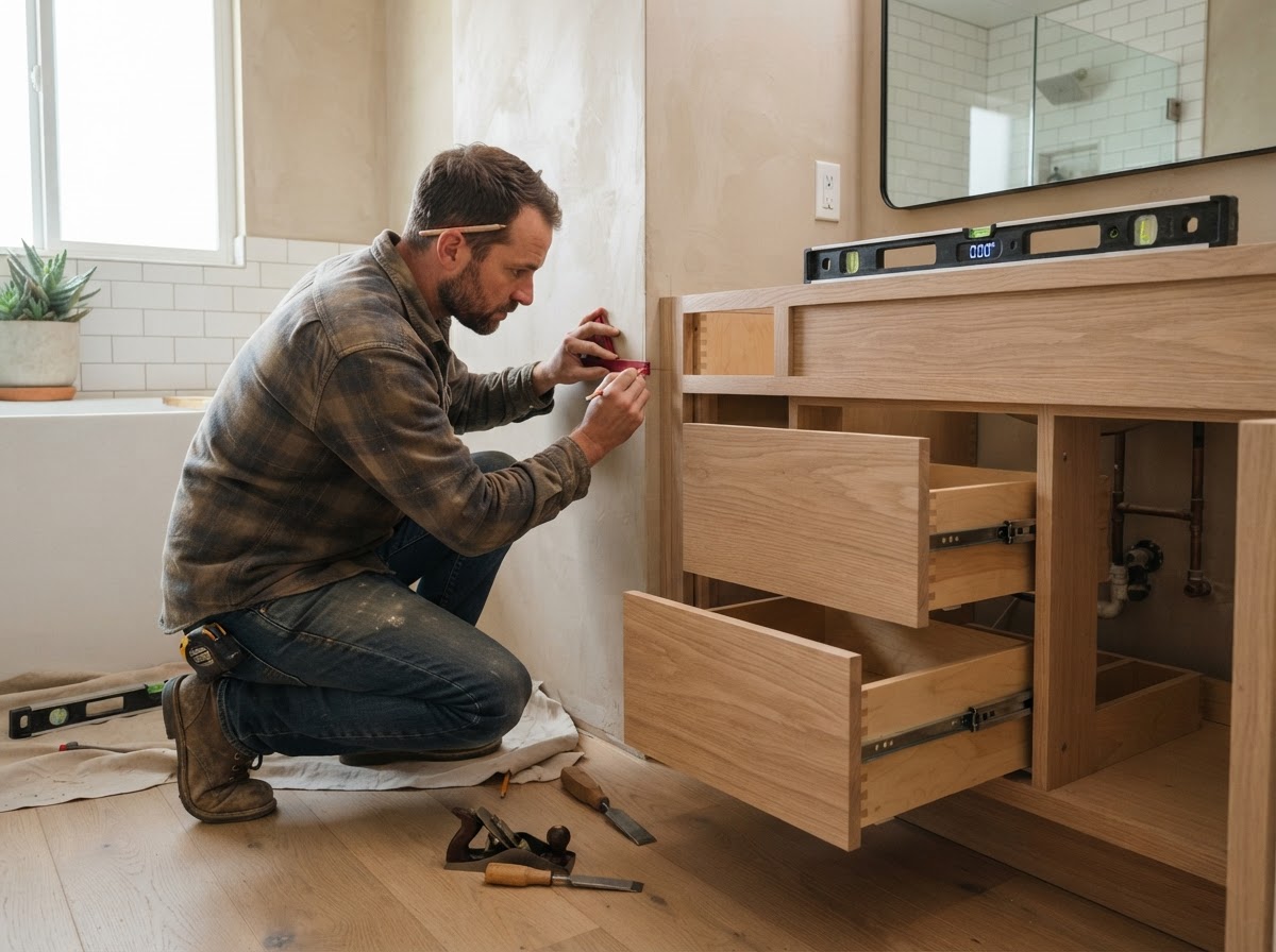 Carpenter scribing and leveling a custom vanity cabinet in a Rosemead bathroom