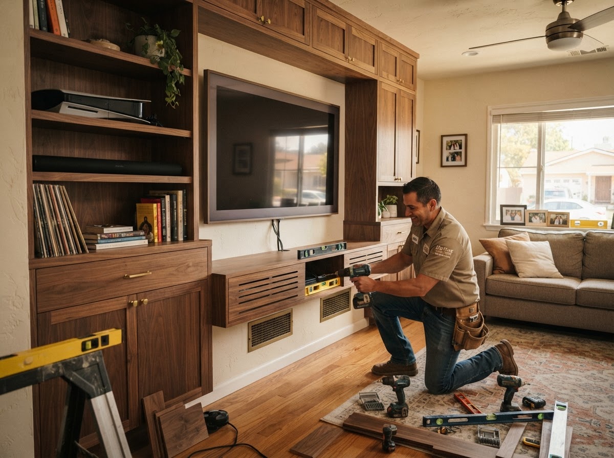 Media wall built-in with lower cabinets and open adjustable shelving around a TV with cable access openings
