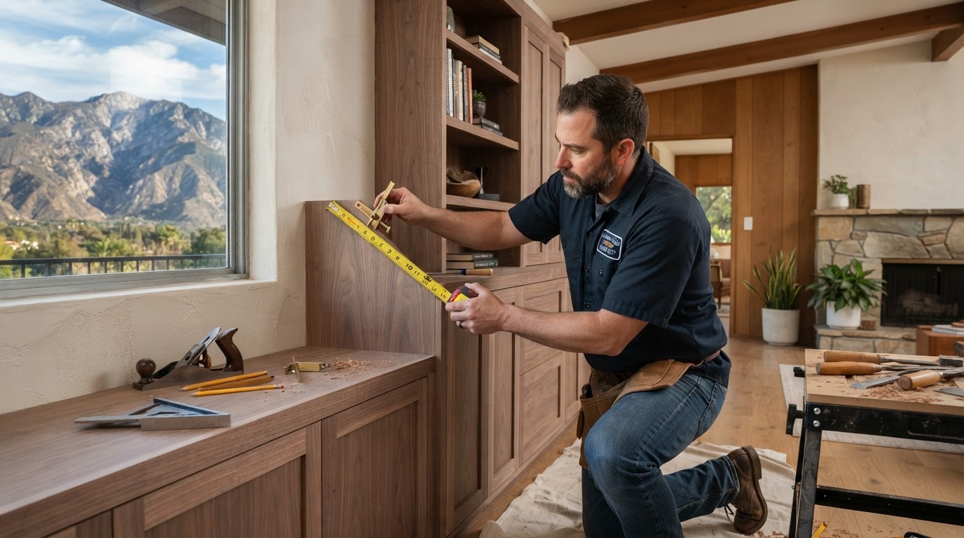 Carpenter completing custom finish work in a Rosemead area home