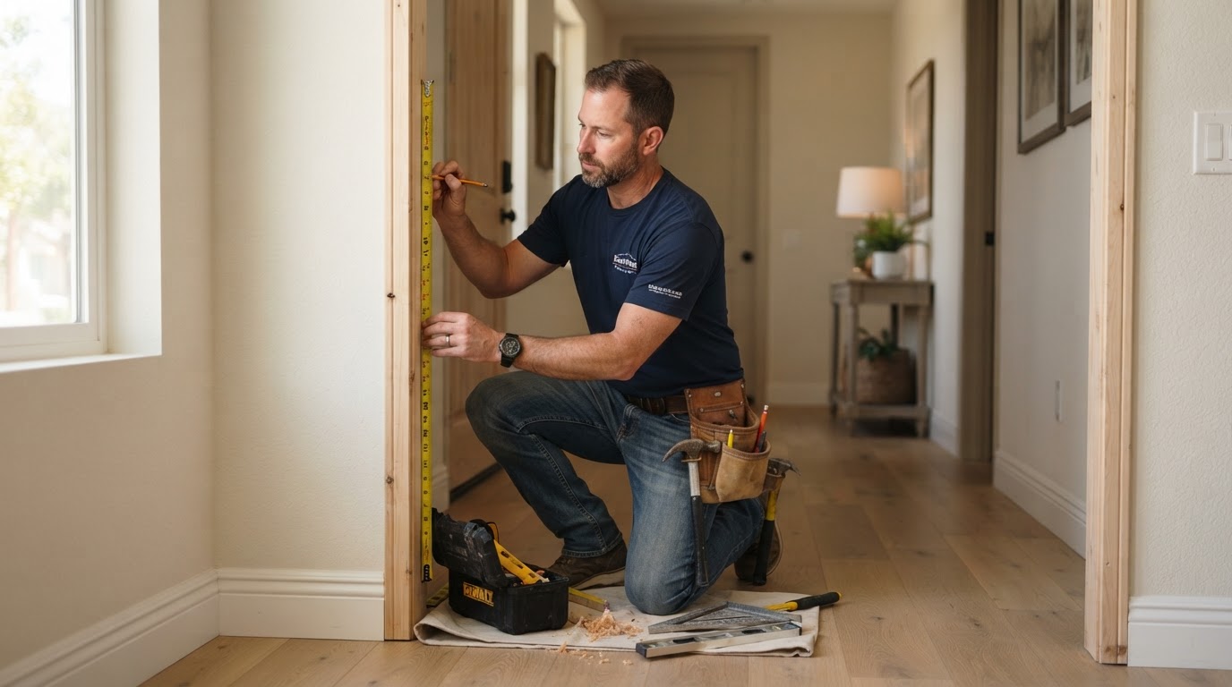 Carpenter installing custom cabinetry in a West Covina family room
