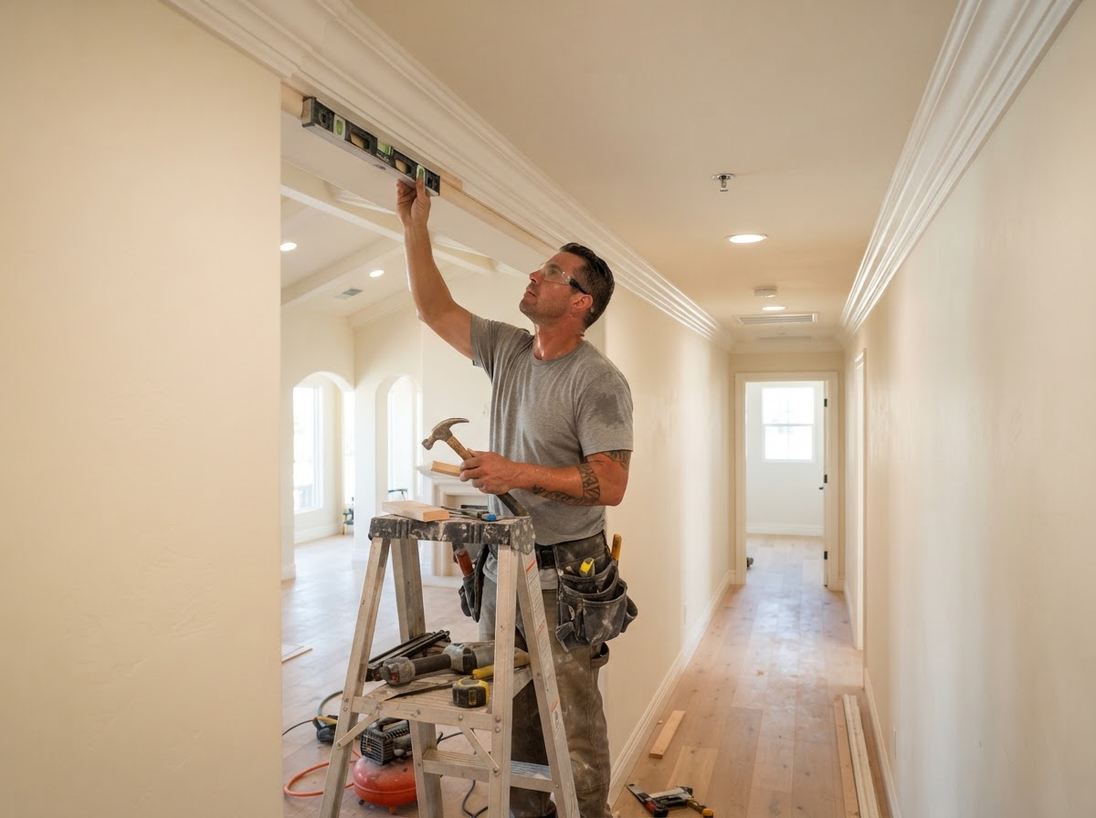 Multi-room crown molding installation with continuous profile running along a hallway ceiling line